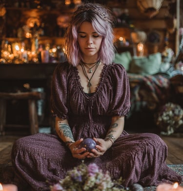 femme et sorcière qui fait un travail d'autoréflection pendant Yule, le sabbat du solstice d'hiver