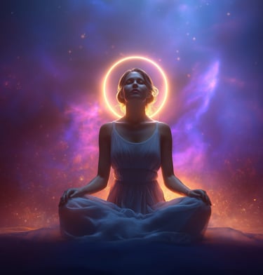 une femme assise en position de méditation ressent les vibrations qui l'entourent