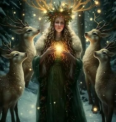 YULE : une femme dans la forêt à Noël qui se connecte à sa lumière intérieure et l'énergie du coeur 