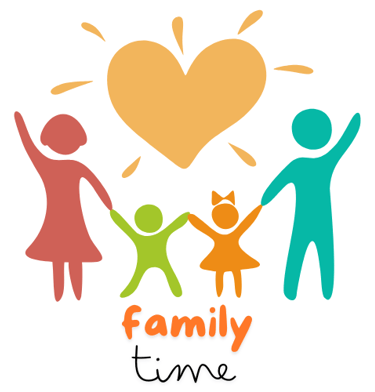 A family of four holding hands under a heart shaped sun with the words family time