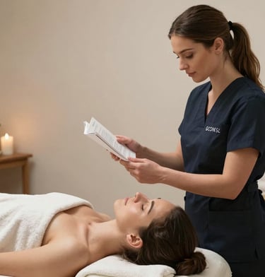 Spa therapist in navy scrubs reading a brochure for a client lying on a massage table.