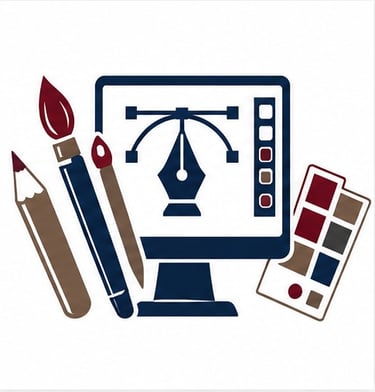 graphic design icon featuring a monitor, along with a pencil, paintbrush, and color swatches