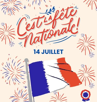 Drapeau français avec le texte "c'est la fête nationale 14 juillet"