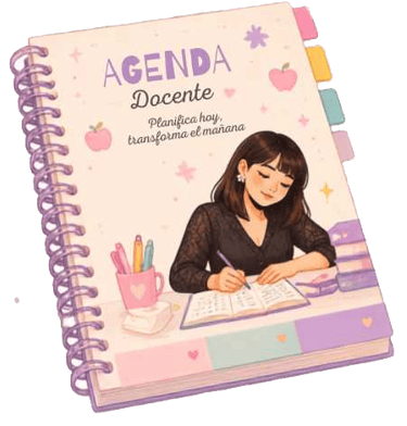 Agenda para docentes con encuadernación en espiral e ilustración de una mujer escribiendo