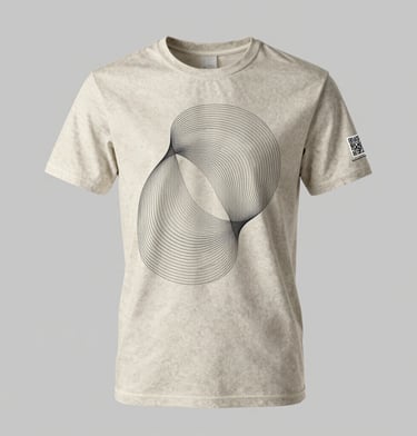 Beige graphic t-shirt featuring a black geometric line art design on a textured cotton fabric.