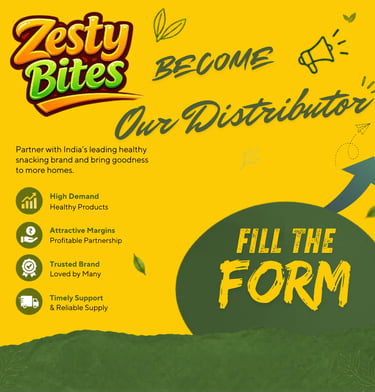 Zesty Bites healthy snacks distributor recruitment flyer with registration form call to action.