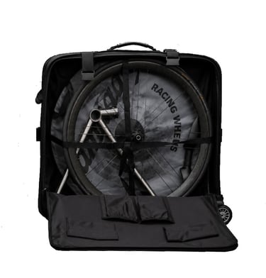 Dystrict bicycle travel case containing a road bike frame and wheels for secure transport.