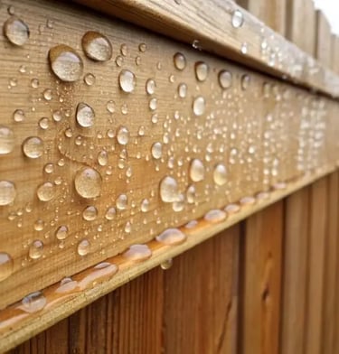 Water beading on a freshly sealed wood fence demonstrating high-quality waterproof protection.