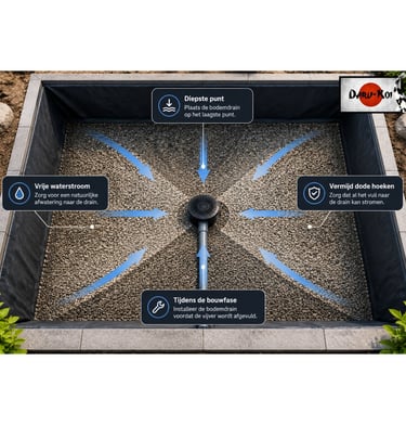 Diagram of a koi pond bottom drain installation showing water flow over gravel to a central drainage point.