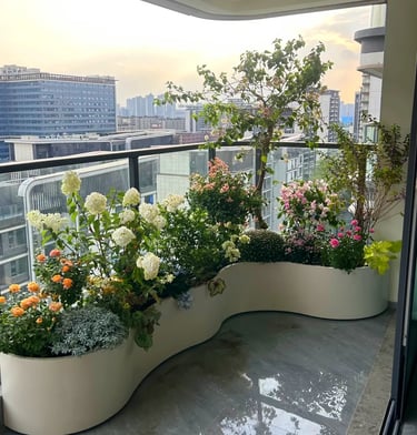 Cozy balcony with warm ambient lighting and natural wooden textures, inspired by warm European outdoor living