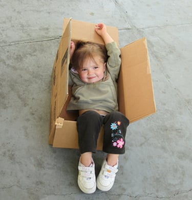 a little girl sitting in a cardboard box