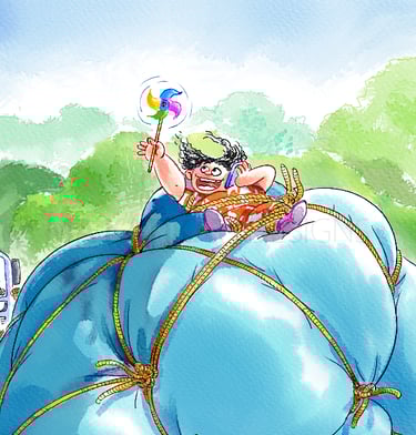 Cartoon character on top of luggage on a car