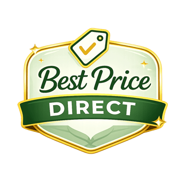 A shiny gold and green Best Price Direct badge featuring a price tag icon with a checkmark.