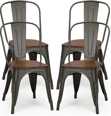 Set of Four Brown Leather Industrial Dining Chairs