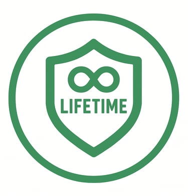 green shield with an infinity loop and the word lifetime inside