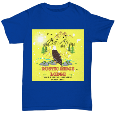 a blue and yellow t - shirt with a bird on it