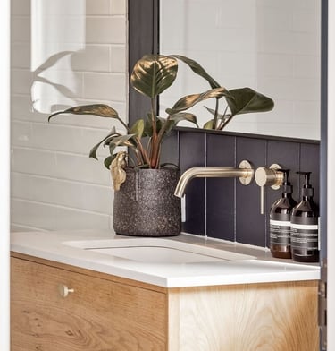 Custom built vanity in ensuite American Oak by Silva Cabinetry