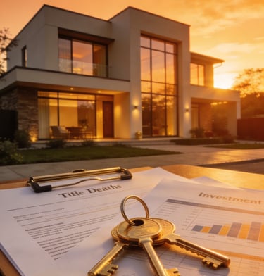 Real estate investment documents and house keys sitting before a modern luxury home at sunset.