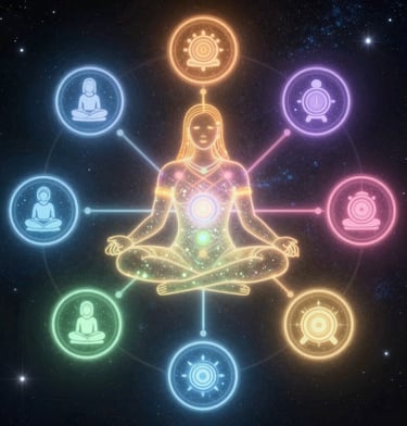 A serene meditation space bathed in soft purple and gold light with aura-like energy waves.