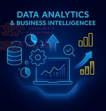 Neon-style data analytics graphic with charts, graphs, and insights on a dark background.