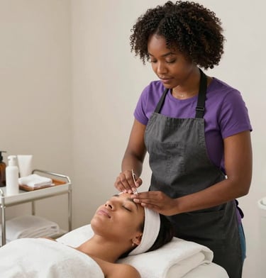 Close-up of a stylist gently braiding lush afro hair in a warm, elegant salon setting.