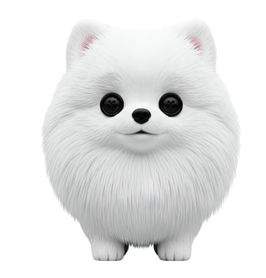 A cute white fluffy Pomeranian puppy toy with black button eyes on a white background.