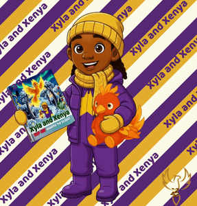 Xyla in her winter coat holding hop on sharing the season. with the purple and yellow wrapping pap