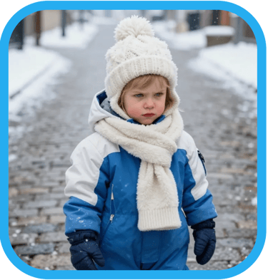 a young child wearing full outdoor clothes making a mean face