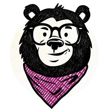 Illustration of a bear with a friendly smirk, wearing glasses and a bandana around his neck.