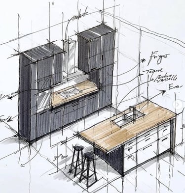 Un croquis d’une cuisine avec une table et des tabourets
