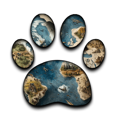 Paw print cut-out of stylized world map. Art by ai&me