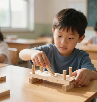 Warm editorial photography of a child focused on building a small wooden bridge in a sunlit classroom, shallow depth of field, 35mm