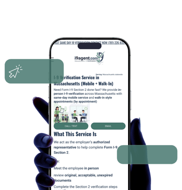 Hand holding a smartphone displaying an I-9 verification service website for Massachusetts mobile appointments.