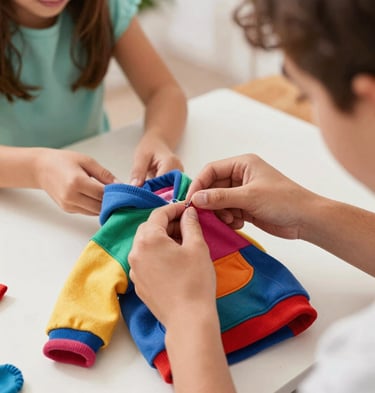 Dos niños cosiendo a mano una sudadera en miniatura y colorida para cachorro.