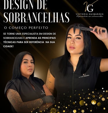 Curso de design de sobrancelhas com Victoria Guimarães ensinando técnicas de mapeamento facial.