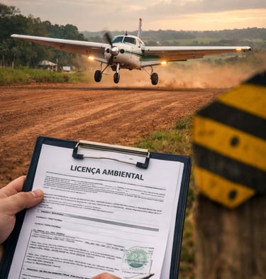 Avião pousando em pista rural enquanto técnico analisa documento de licença ambiental para aeródromo