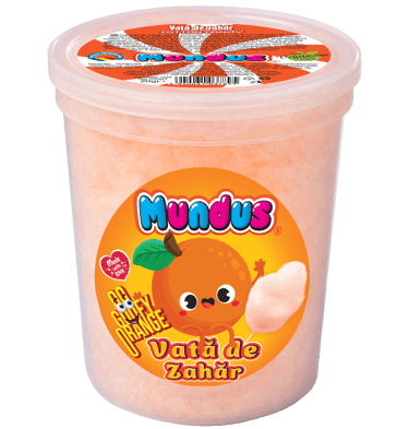 Vată de zahăr Mundus cu portocale, produs românesc, 20g, ambalat in pahare de plastic