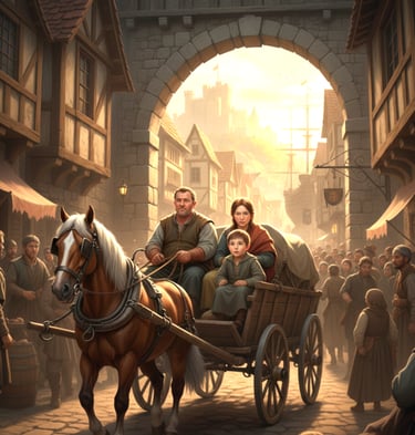 Stennis, Anya, and Leo riding in a wagon on the streets of Port Sunder