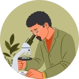 Illustration of a scientist examining a plant with a microscope, symbolizing excellence and expert-backed quality.