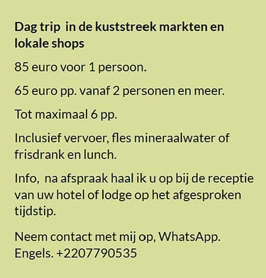 Flyer dagtocht langs de kust in Gambia – markten en lokale winkels. Prijs €85 voor 1 persoon of €65 