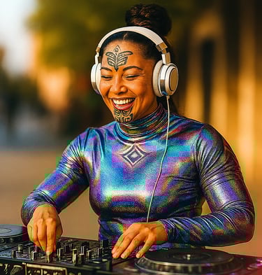 Smiling woman DJing in holographic top—radiating joy as healing frequencies support her Holy Fusion journey