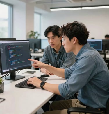 A professional team collaborating over blueprints and laptops in a modern office.