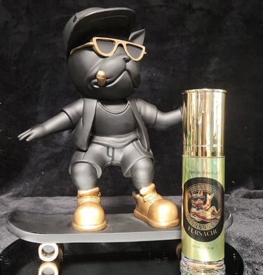 a dog with a skateboard and a fursache bottle