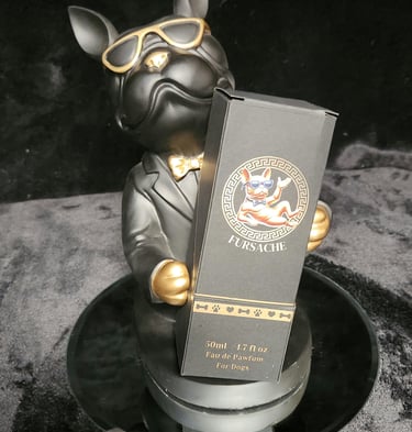 a dog statue of a dog wearing a suit and glasses with a bottle of Fursache