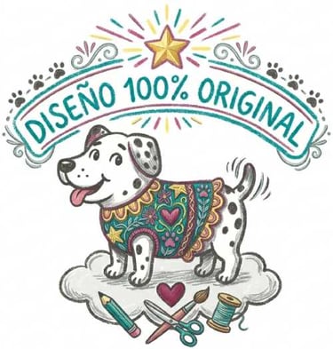 Cachorro dálmata dibujado a mano con un suéter colorido, con texto y diseño 100% original.i