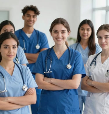 Diverse nursing students studying together in a bright, modern classroom.