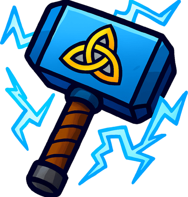Mjolnir thunder hammer icon with blue lightning bolts and a yellow Celtic triquetra symbol.
