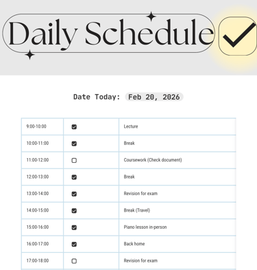 Daily schedule planner for February 20, 2026, showing a checklist of hourly tasks from lecture to piano lessons.