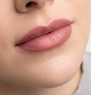 Close-up of full lips with dusty rose permanent makeup lip blush tattoo for a natural tinted look.