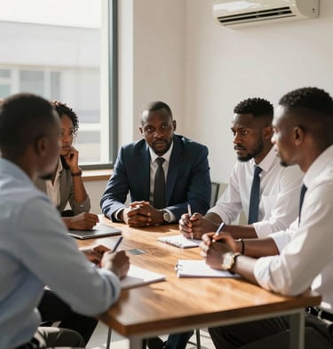 A professional Ghanaian team in a sunlit Accra office, discussing strategy around a wooden table, warm natural daylight, medium shot